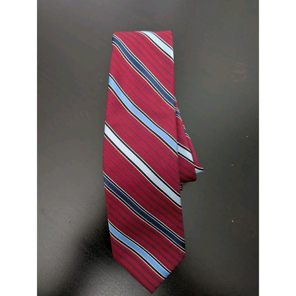 ZENIO Tie Necktie MICROFIBER SLIM NARROW SKINNY MAROON Red Blue Repp Striped